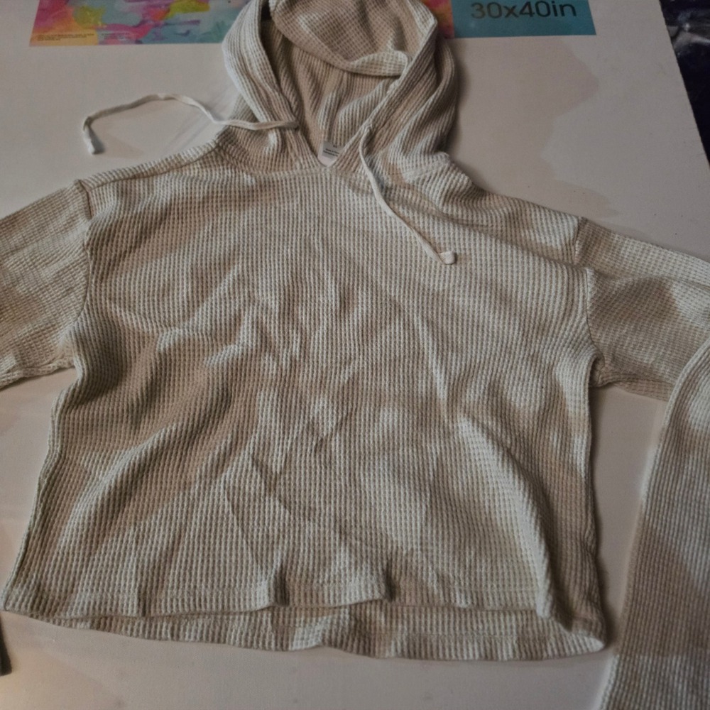 Abound Womens Waffle Knit Hoodie XS Beige Tie Dye Thermal Pullover Sweatshirt